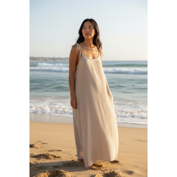 Hello Niz Dresses & Skirts - HELLO MIZ Gauze Maxi Dress Tie‎ Shoulder Beach Vacation Casual Beige L